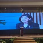 Menteri Komunikasi dan Digital (Menkomdigi) Meutya Hafid saat menyampaikan pidato di Hari Pers Nasional 2025 di Riau